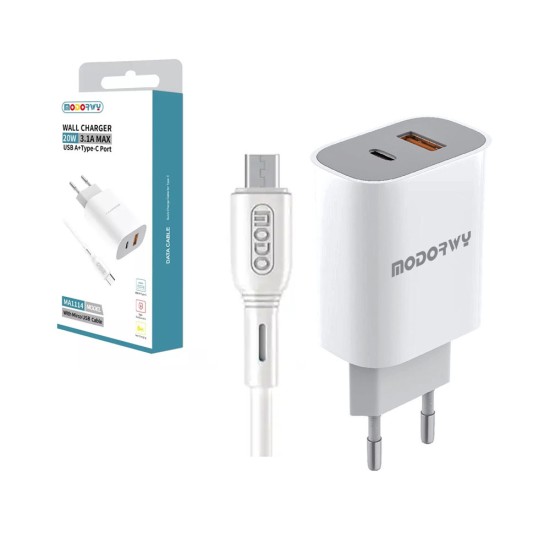 Carregador de Parede PD Modorwy MA1114 USB+Tipo-C com Micro Cabo 5V 3,1A Branco Carregador de Parede PD Modorwy MA1114 USB+Tipo-C com Micro Cabo 5V 3,1A Branco